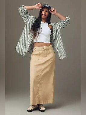 Anthropologie Maeve The Colette Maxi Skirt Khaki Linen Cotton XL